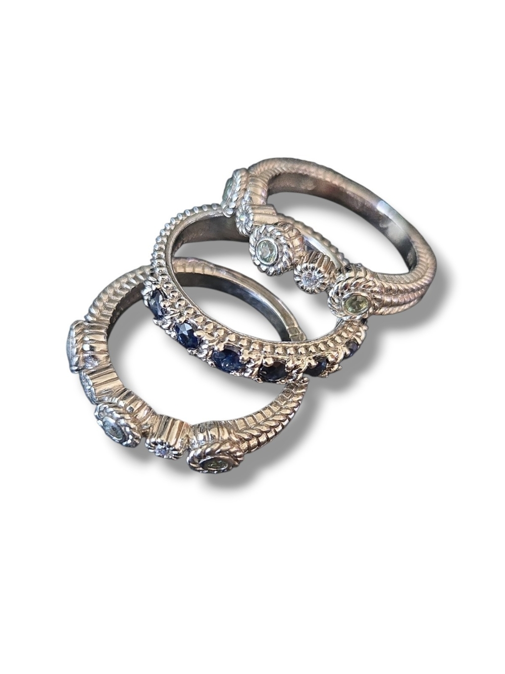 Judith Ripka Sterling Silver Stackable Rings Size 7.5 w Blue + Clear Rhinestones